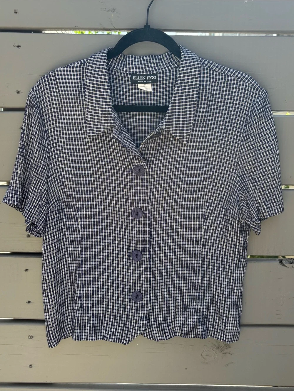 Vintage Ellen Figg Navy Check Button Front Blouse Top L Made USA